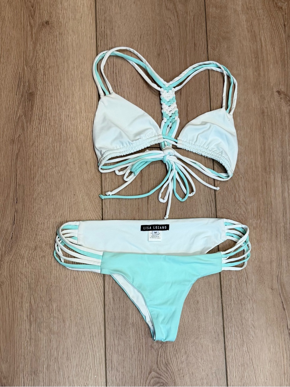 Medium Mint & White Strappy Triangle Macrame Bikini